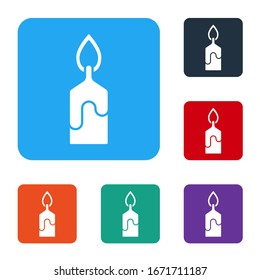 White Burning candle icon isolated on white background. Cylindrical candle stick with burning flame. Set icons in color square buttons. Vector Illustration