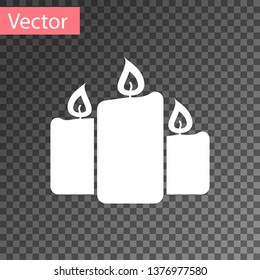 White Burning candles icon isolated on transparent background. Old fashioned lit candles. Cylindrical aromatic candle sticks with burning flames. Vector Illustration