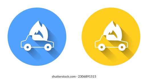 White Burning car icon isolated with long shadow background. Car on fire. Broken auto covered with fire and smoke. Circle button. Vector