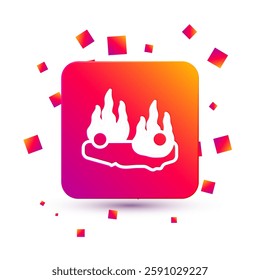 White Burning car icon isolated on white background. Car on fire. Broken auto covered with fire and smoke. Square color button. Vector