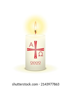 White burning Easter candle with alpha omega symbol,
and year 2022,
Vector illustration isolated on white background
