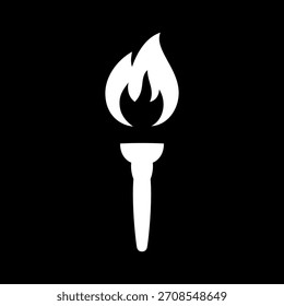 Silueta de antorcha ardiente blanca sobre fondo negro. Símbolo minimalista de llama de Vector plano para conceptos de libertad, protesta, ceremonia y victoria