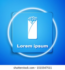 White Burrito icon isolated on blue background. Traditional mexican fast food. Blue square button. Vector Illustration