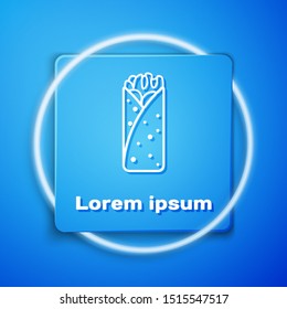 White Burrito icon isolated on blue background. Traditional mexican fast food. Blue square button. Vector Illustration