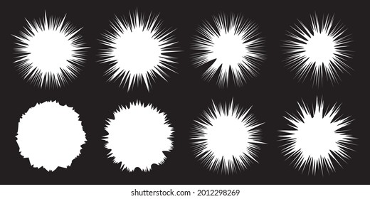 Juego de White Burst. Colección de estrellas. Elementos de diseño Splash. Objetos de explosión. Banners de venta. Bangs set. Ilustración del vector
