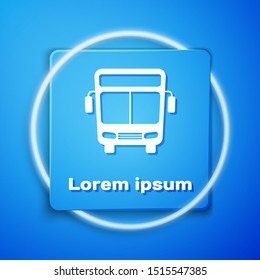 White Bus icon isolated on blue background. Transportation concept. Bus tour transport sign. Tourism or public vehicle symbol. Blue square button. Vector Illustration