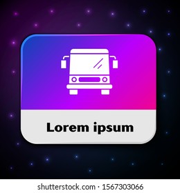 White Bus icon isolated on black background. Transportation concept. Bus tour transport sign. Tourism or public vehicle symbol. Rectangle color button. Vector Illustration