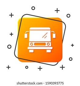 White Bus icon isolated on white background. Transportation concept. Bus tour transport sign. Tourism or public vehicle symbol. Orange square button. Vector Illustration