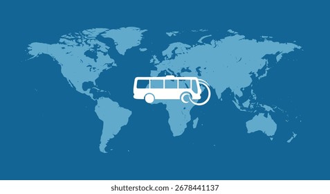 Icono de autobús blanco en un mapa mundial, que representa el transporte o los viajes globales.