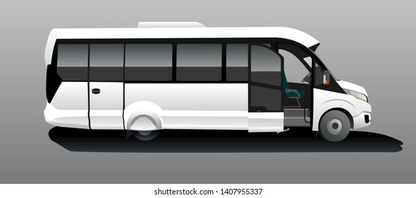 White Bus with an open door, Side view. Tourist bus. Sightseeing bus. Modern flat Vector illustration on gray background.