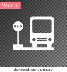 White Bus stop icon isolated on transparent background. Transportation concept. Bus tour transport sign. Tourism or public vehicle symbol.  Vector Illustration