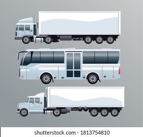 white bus and trucks public transport vehicles vector illustration design