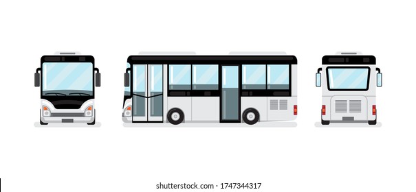 White bus vector, front, side and back view, isolated flat design on white background.