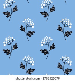 White bush berries branch seamless pattern on blue background. Pastel texture for textile design, vector repeated tile. Minimalistic scandinavian style with hand drawn elements