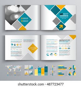 White Business Brochure Template Design With Blue And Orange Square Elements. Cover Layout And Infographics