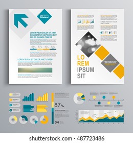White business brochure template design with blue and orange square elements. Cover layout and infographics