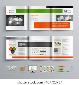 White business brochure template design with green and orange square elements. Cover layout and infographics