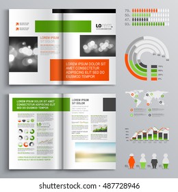 White business brochure template design with green and orange square elements. Cover layout and infographics