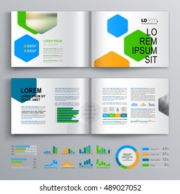 White business brochure template design with color geometric shapes. Cover layout and infographics