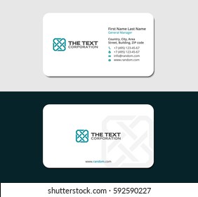 white business card with intertwining square logo, cyan color