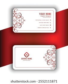 White business card with red details