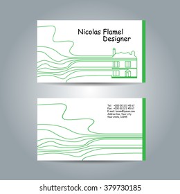 White business card set template with green lines. Company corporate style mockup.