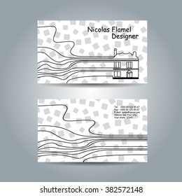White business card set template with black lines and black bricks. Company corporate style mockup.