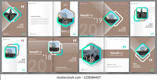 White business card style. A4 brochure cover design. Info board. Book, diary title sheet model set. Modern vector front page art. Urban city house texture. Green figure text frame icon. Ad flyer font