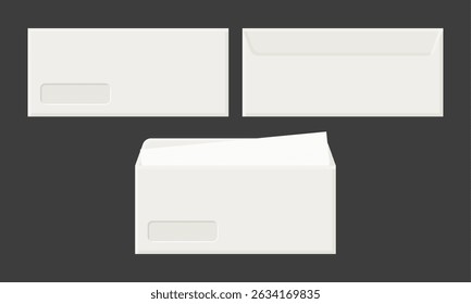 White Business Envelope Front Back View Vector. Envelope Icon on Black Background.