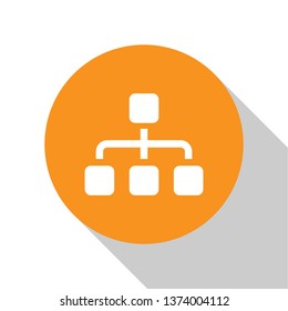 White Business hierarchy organogram chart infographics icon isolated on white background. Corporate organizational structure graphic elements. Orange circle button. Flat design. Vector Illustration