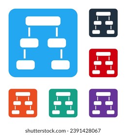White Business hierarchy organogram chart infographics icon isolated on white background. Corporate organizational structure graphic elements. Set icons in color square buttons. Vector