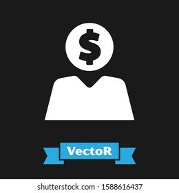 White Business man planning mind icon isolated on black background. Human head with dollar. Idea to earn money. Business investment growth.  Vector Illustration