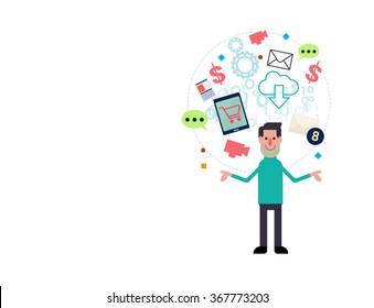white business man standing with confident and online business icon floating over background,represent concept of e- commerce and self employ .