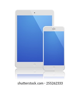 White Business Phone and White tablet with blue screen and reflection. Illustration Similar To iPhone, iPad.