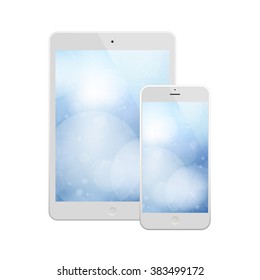 White Business Phone and Tablet with  bokeh background on screen.  Illustration Similar To iPhone, iPad.