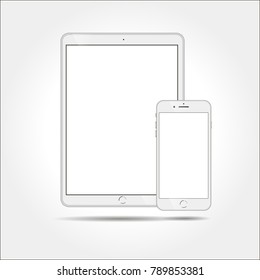 Comprimido blanco de negocios y smartphone similares a iPad y iPhone en fondo blanco.