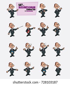 White businessman with glasses. Set of postures of the same character in different expressions.