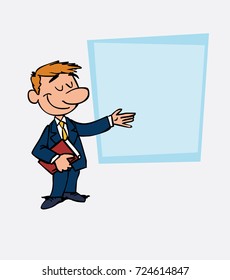 White businessman points, relaxed, with a book in his hand. Is showing, as in a presentation, the data you want.
