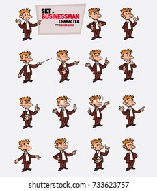 White businessman. Set of postures of the same character in different expressions. Sad, happy, angry ... Always showing, as in a presentation, the data you want.