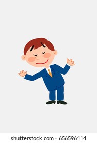 White businessman. Vector illustration isolated in a funny cartoon style. The character is making a gesture of welcome.