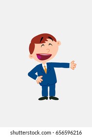 White businessman. Vector illustration isolated in a funny cartoon style. The character is happy, showing something to his side.
