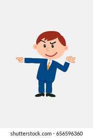 White businessman. Vector illustration isolated in a funny cartoon style. The character makes the OK gesture while pointing, smiling, at his side.