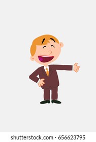 White businessman. Vector illustration isolated in a funny cartoon style. The character is happy, showing something to his side.