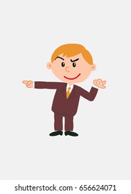 White businessman. Vector illustration isolated in a funny cartoon style. The character makes the OK gesture while pointing, smiling, at his side.
