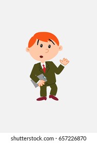 White businessman. Vector illustration isolated in a funny cartoon style. The character is surprised by something at his side; Has a document in his hand.
