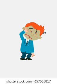 White businessman. Vector illustration isolated in a funny cartoon style. The character is sick, something dizzy.
