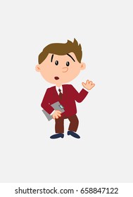 White businessman. Vector illustration isolated in a funny cartoon style. The character is surprised by something at his side; Has a document in his hand.