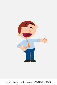 White businessman. Vector illustration isolated in a funny cartoon style. The character is happy, showing something to his side.