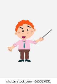 White businessman. Vector illustration isolated in a funny cartoon style. The character points with a pointer something to his side in a positive attitude.