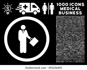 White Businessman vector rounded icon. Image style is a flat icon symbol inside a circle, black background. Bonus clip art contains 1000 medicine business pictograms.